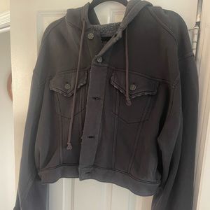 Free People Womens Cropped Hooded Jacket Washed Black Button Front Bell Sleeves